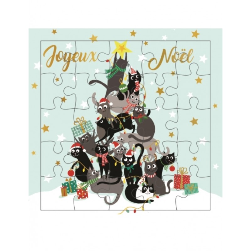 Carte puzzle Noël sapin chats